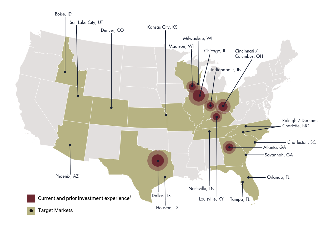 A map of the United States highlighting BTR/MFR markets